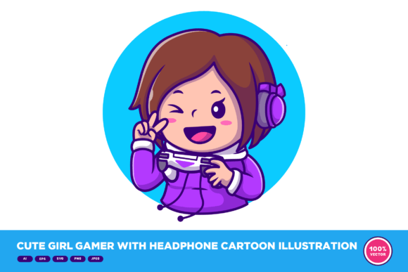 Cute Girl Gamer with Headphone Cartoon: A Playful Design Asset