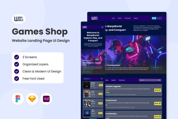 WarpWorld: Clean Games Shop Landing Page Design